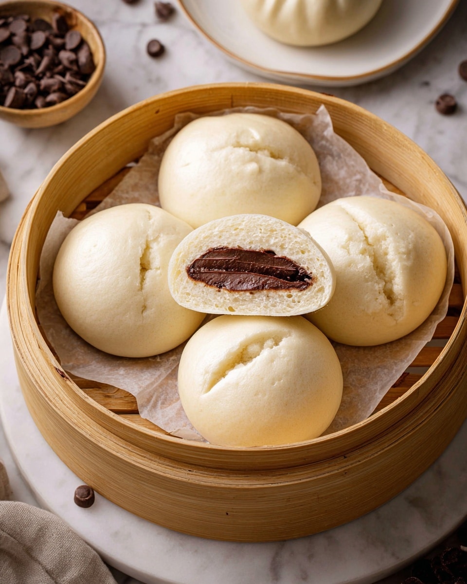 A round bamboo steamer holds five smooth, pale cream-colored steamed buns resting on small squares of parchment paper with a soft, fluffy texture. One bun is cut in half, revealing a thick, glossy dark brown chocolate filling inside. The bamboo steamer sits on a white marbled surface, surrounded by a white plate with another bun and a bowl with scattered dark chocolate chips. The scene is soft-lit, highlighting the buns' smooth tops and the rich chocolate inside. Photo taken with an iphone --ar 4:5 --v 7