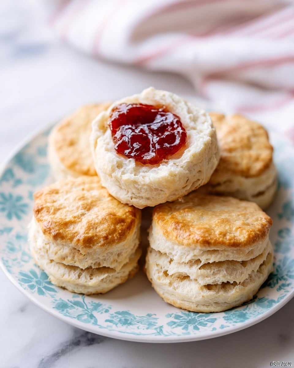 A white plate with light blue floral patterns is filled with five light golden biscuits arranged in two layers; the bottom layer has three whole biscuits, and the top layer has two biscuits stacked, one of which is open showing its soft, flaky white inside with a dollop of shiny, dark red jam placed in the center. The biscuits have a slightly crispy, browned top and visible flaky layers along the sides, sitting on a white marbled surface with a white and pink striped cloth in the blurred background. Photo taken with an iphone --ar 4:5 --v 7