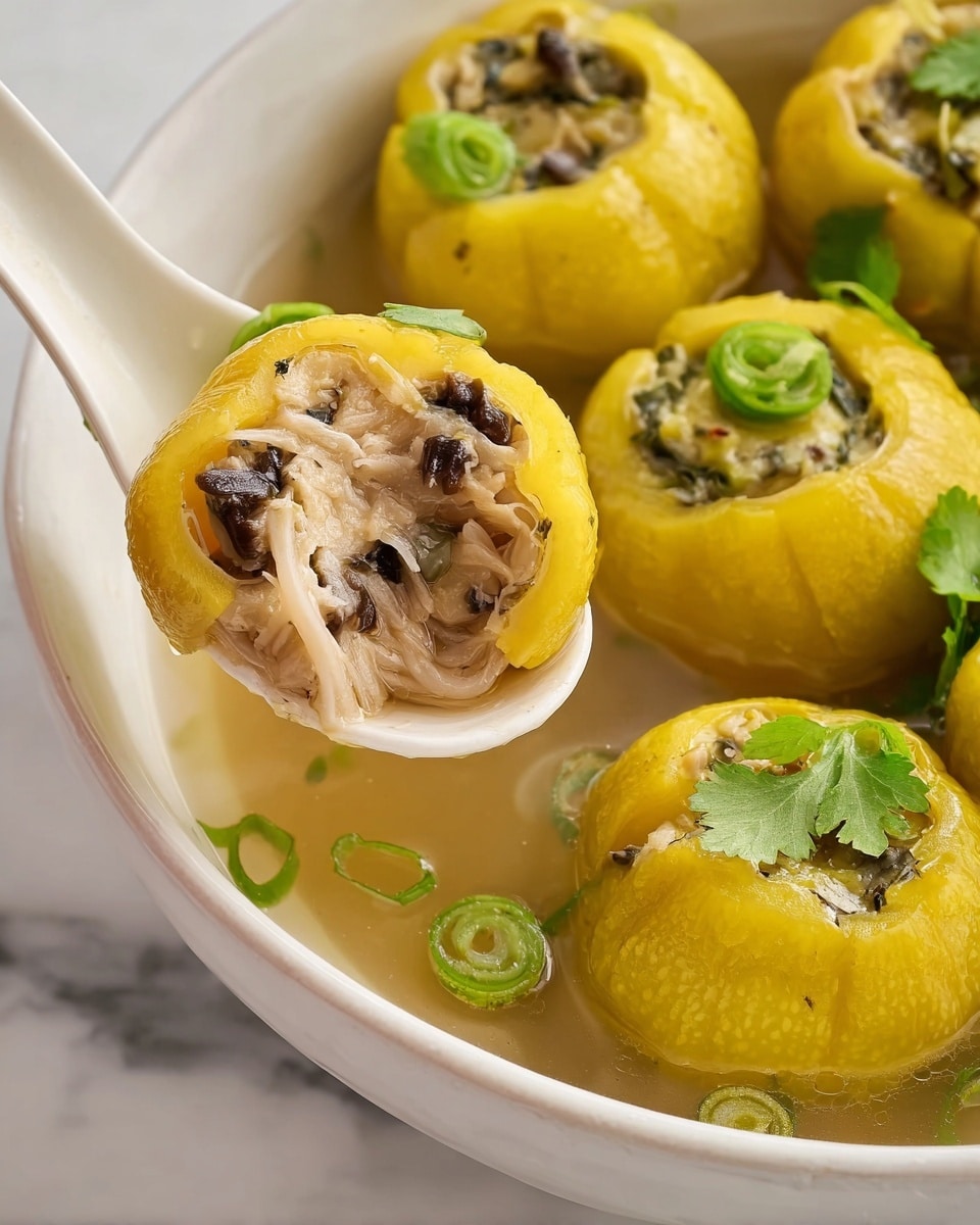 A close-up image shows round yellow squash pieces hollowed out and stuffed with a creamy beige filling mixed with small dark mushroom bits and white thin noodles. One stuffed squash piece is held by a white spoon, displaying the soft, slightly wrinkled yellow outer layer and the creamy filling inside. The rest of the stuffed squash pieces sit in a white bowl filled with clear broth, garnished with small green cilantro leaves and sliced green onions on a white marbled surface. The texture looks tender and moist, with a fresh and light appearance. photo taken with an iphone --ar 4:5 --v 7