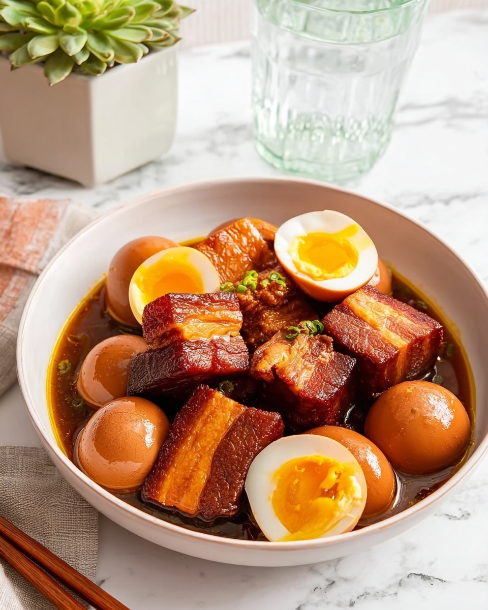 The dish shows a white round bowl filled with a rich brown sauce, containing several thick chunks of braised pork belly that have visible layers of reddish-brown meat and slightly lighter fat with a tender texture. Mixed among the pork pieces are four whole brown eggs with a smooth, shiny surface, and two halved eggs placed on top, revealing bright yellow yolks inside. The sauce pools around the ingredients, giving a glossy and savory look. In the background, a clear glass of water and a green plant in a white pot rest on a white marbled surface, with a pair of brown chopsticks lying to the side. photo taken with an iphone --ar 4:5 --v 7