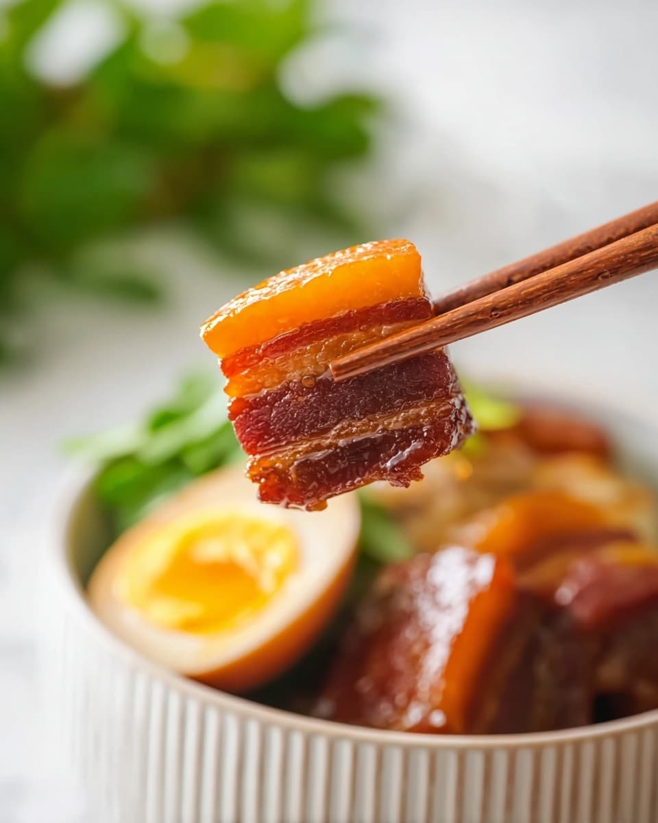 A piece of braised pork belly is held by wooden chopsticks above a dish that contains more pork belly and a halved boiled egg. The pork belly piece shows three clear layers: a glossy, bright orange fat layer on top, a reddish-brown cooked meat layer in the middle, and a darker brown meat layer at the bottom. The background features a soft focus on green leaves, and the surface beneath the dish is a white marbled texture. The bowl holding the food is white with fine ridges and a slightly rounded edge. photo taken with an iphone --ar 4:5 --v 7