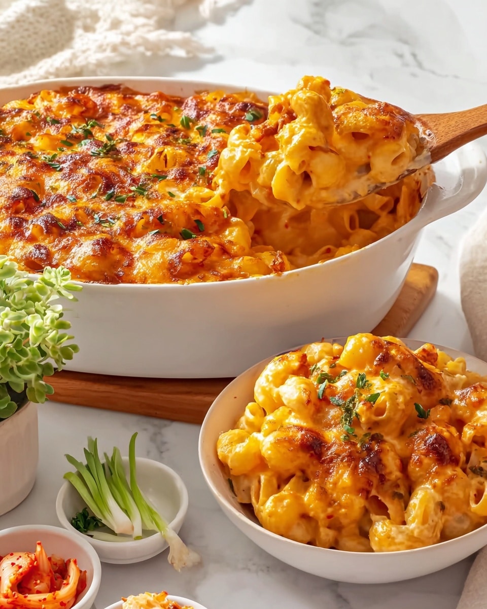 The image shows a white deep baking dish filled with a cheesy baked pasta. The top layer is golden brown with melted, slightly crispy cheese and scattered green herb pieces. Below the top layer, there is a thick coating of creamy orange cheese sauce covering curly pasta shapes. A wooden spoon is scooping some of the pasta from the dish, revealing tender pasta coated in a rich cheesy sauce. In front is a white bowl holding a portion of the pasta, garnished with green herbs. The background has a white marbled surface with small white dishes holding red kimchi and sliced green onions, and a small green potted plant. photo taken with an iphone --ar 4:5 --v 7