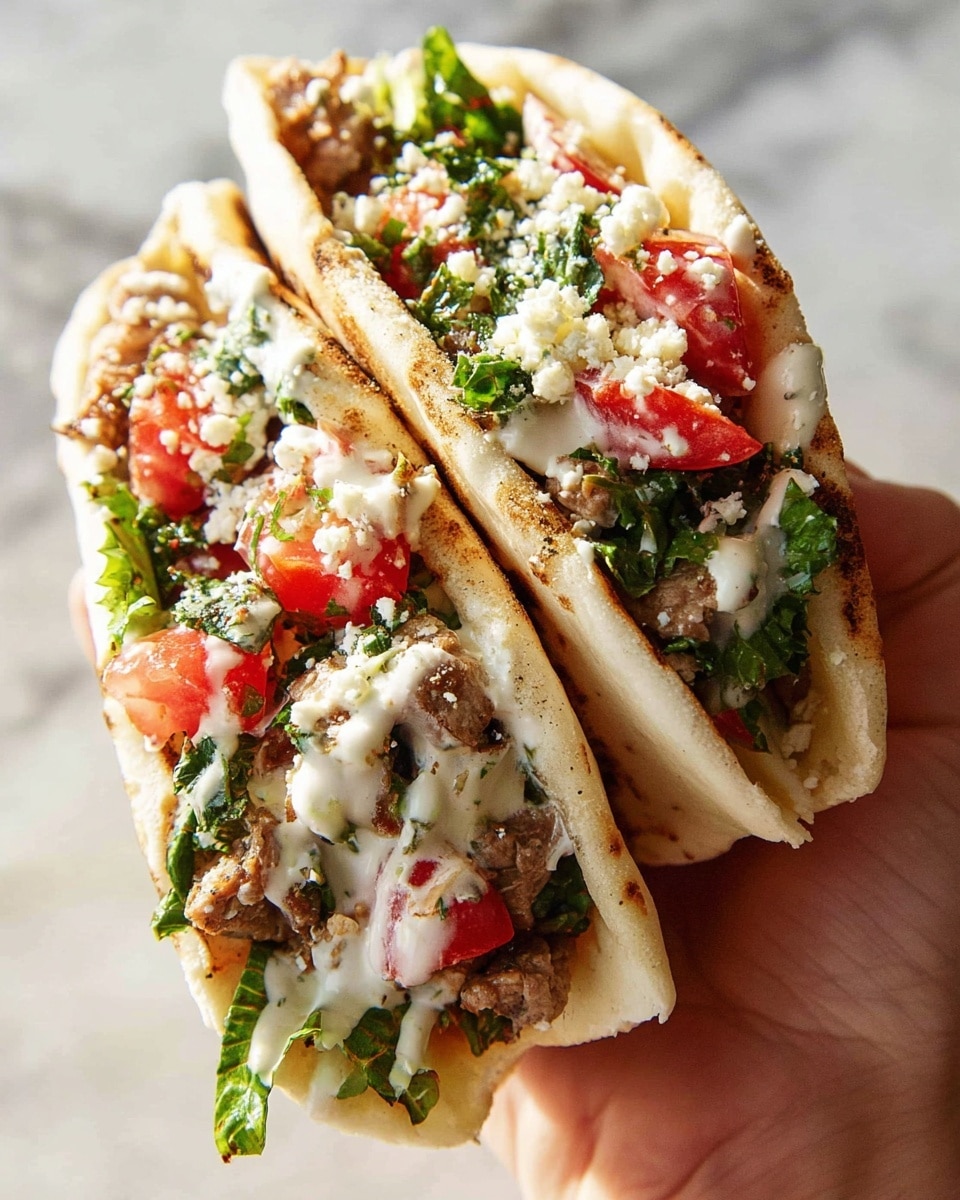 A close-up of a sandwich held by a woman's hand, showing two thick layers of soft, slightly toasted white pita bread. Inside, the filling is colorful with bright green leafy lettuce, chunks of red tomatoes, and pieces of cooked light brown meat. The top is drizzled with creamy white sauce and sprinkled with crumbly white cheese. The sandwich layers are well-filled and look fresh and juicy against a white marbled background. Photo taken with an iphone --ar 4:5 --v 7
