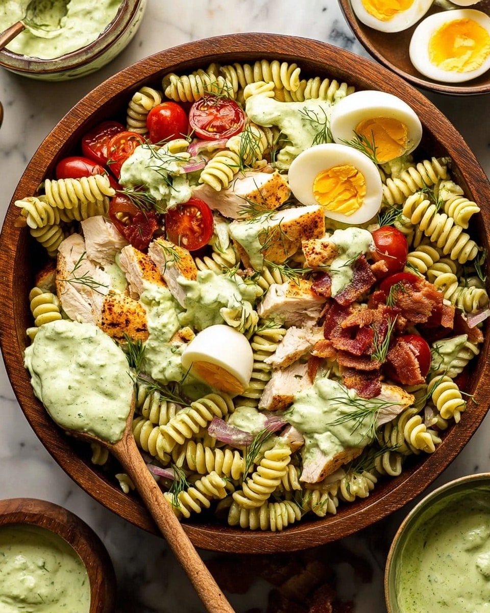 A large wooden bowl filled with a pasta salad made of pale green spiraled rotini pasta covered in a creamy light green sauce. Visible layers include pieces of grilled chicken with a light brown crust, halved cherry tomatoes showing bright red interiors, small crispy bacon chunks in dark red-brown shades, and boiled eggs cut into quarters with white edges and vibrant orange yolks. Fresh green dill sprigs and thin red onion slices add texture and color contrast, all mixed together with a wooden spoon resting inside the bowl. Around the bowl, there are extra bowls of the creamy green sauce and soft-boiled eggs on a white marbled surface. photo taken with an iphone --ar 4:5 --v 7