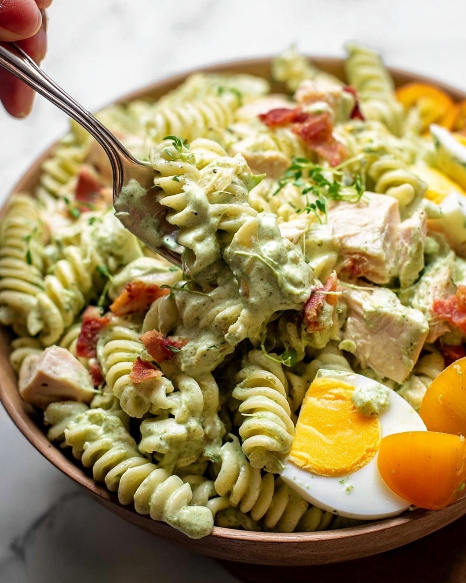 The image shows a close-up of creamy pasta salad in a white bowl, placed on a white marbled surface. The pasta is curly fusilli covered in a thick, light green sauce, mixed with pieces of cooked chicken that are creamy white, and small bits of red bacon. There are slices of hard-boiled egg with bright yellow yolks and whites on the bottom right, along with some orange-yellow tomato slices. Small green herb sprigs are sprinkled on top as garnish. A silver fork held by a woman's hand lifts some pasta in the middle, showing the creamy texture of the sauce clinging to the pasta and chicken. Photo taken with an iphone --ar 4:5 --v 7