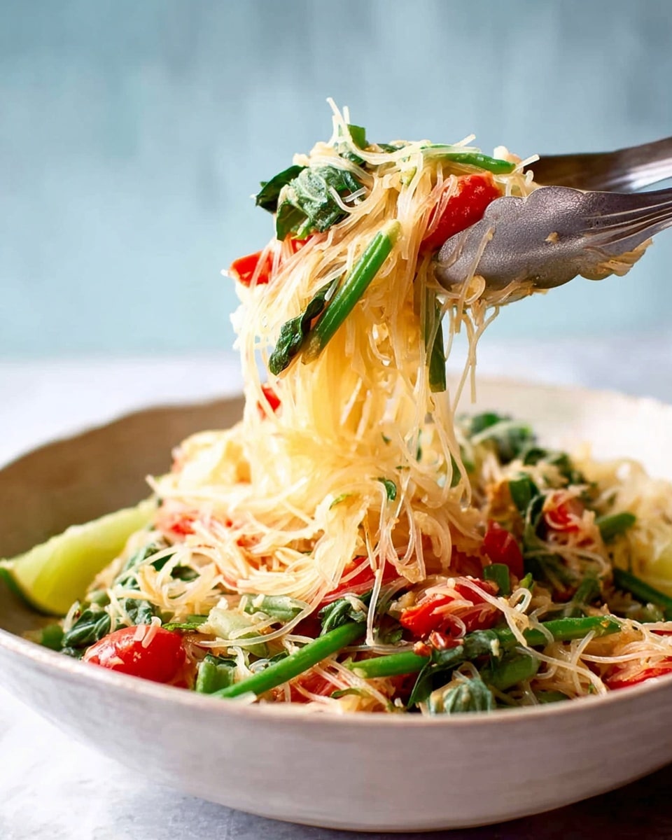 The image shows a close-up of a dish with thin rice noodles being lifted by silver tongs. The noodles are long, pale yellow, and mixed with bright green leafy vegetables and sliced green beans. There are pieces of red chili and halved cherry tomatoes adding bright red spots throughout the dish. The noodles sit in a white bowl with lime wedges on the side. The background features a soft, light blue color, and the bowl is placed on a white marbled textured surface. Photo taken with an iphone --ar 4:5 --v 7