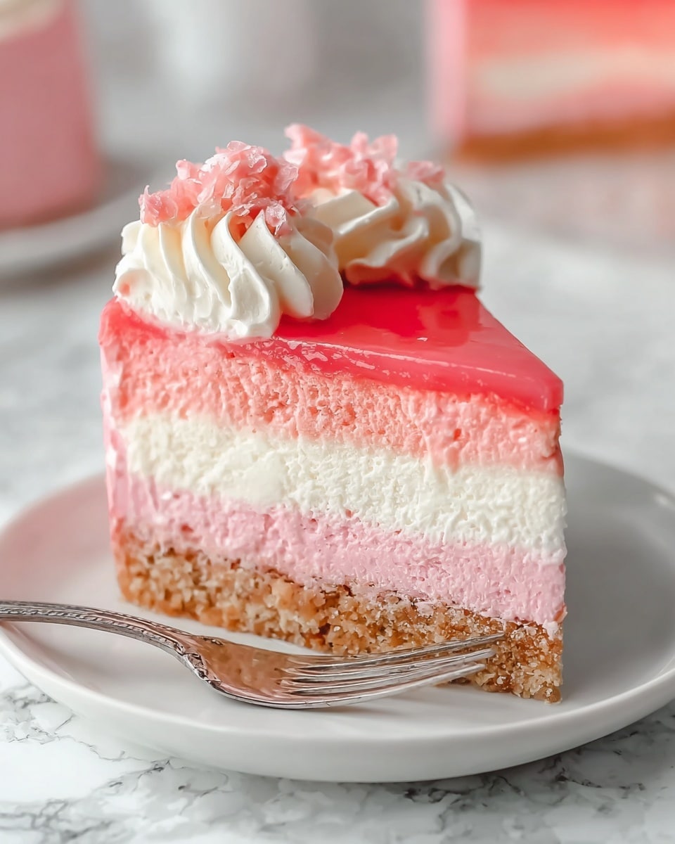 The image shows a slice of pink layered cake on a white plate placed on a white marbled surface. The cake has four layers: the bottom is a crumbly brown crust, followed by a thick white creamy layer, then a thick pink sponge layer with a light pink mousse on top. The top of the cake is covered with a shiny pink glaze. There is a swirl of white whipped cream on top, decorated with small pieces of pink fruit. A silver fork rests on the edge of the plate. Photo taken with an iphone --ar 4:5 --v 7