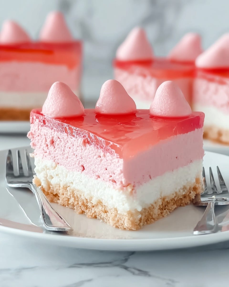 This image shows a slice of a layered dessert on a white plate, set on a white marbled surface with two silver forks nearby. The dessert has four layers: the bottom layer is a thin, crumbly golden-brown crust, above that is a thick, smooth light pink layer, followed by a thick fluffy white layer, and finally a glossy light pink jelly-like top layer. On top of the slice, there are three small dollops of the glossy pink topping, each rounded and slightly pointed. In the background, more slices of the same dessert can be seen, out of focus. photo taken with an iphone --ar 4:5 --v 7