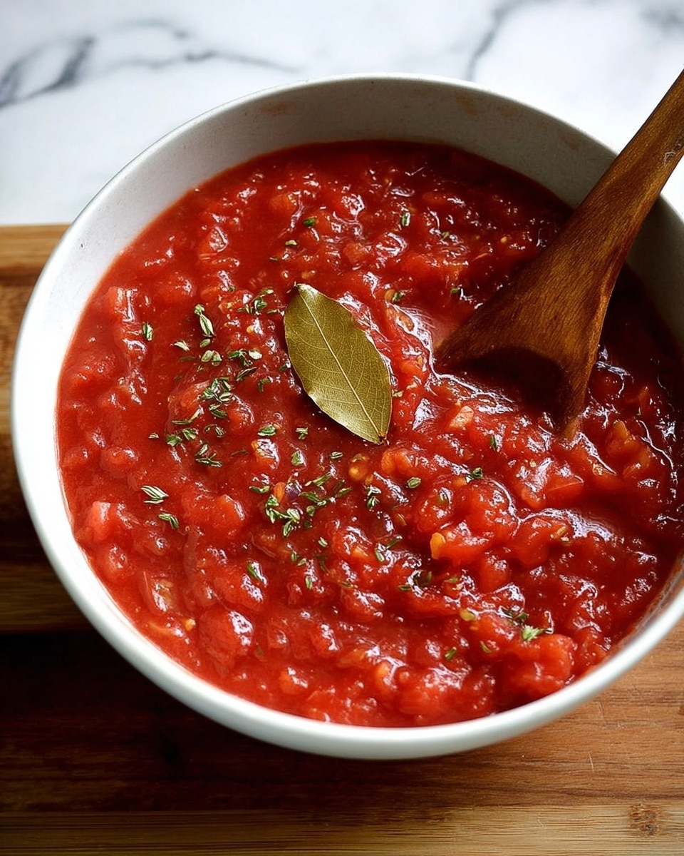 A white bowl filled with thick, chunky bright red tomato sauce, showing small pieces of tomato and herbs mixed throughout. On top of the sauce lies a single bay leaf, and finely chopped green herbs are lightly sprinkled over the surface. A wooden spoon is resting in the bowl on the right side, partially submerged in the sauce. The bowl is placed on a wooden surface with a white marbled background. Photo taken with an iphone --ar 4:5 --v 7