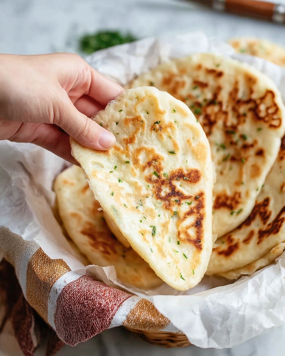 A woman's hand is holding a piece of flatbread that is slightly folded, showing its soft and fluffy texture with a golden-brown grilled pattern and small green herb specks on its surface. In the background, there are more pieces of flatbread in a white basket lined with a striped cloth in earthy tones. The whole scene is set on a white marbled surface with parchment paper underneath the bread, and a knife is partly visible next to the basket. Photo taken with an iphone --ar 4:5 --v 7