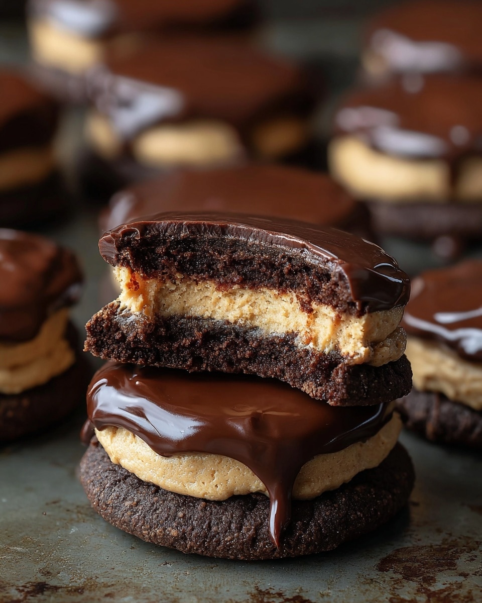 The image shows a close-up of a stack of two chocolate cookies with three distinct layers each. The bottom layer is a dark brown, slightly rough-textured cookie base. The middle layer is a light beige, creamy peanut butter filling with a smooth and slightly crumbly texture. The top layer is a rich, glossy chocolate ganache with a shiny, smooth finish that covers the peanut butter and drips slightly over the edges. The stack is placed on a dark baking surface with other similar cookies blurred in the background. photo taken with an iphone --ar 4:5 --v 7