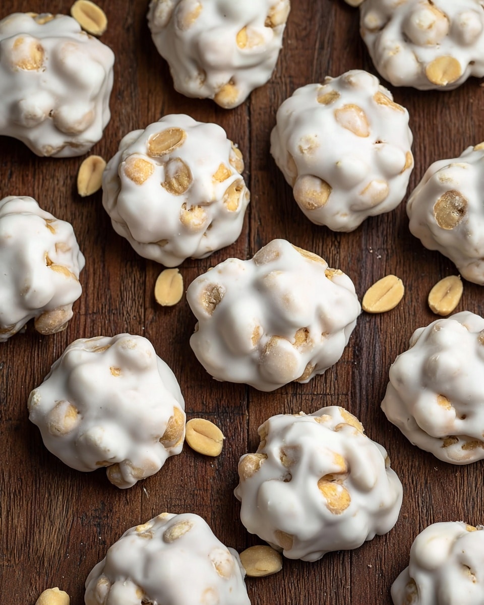 Many small, round clusters covered in a smooth, white coating are spread close together on a dark wooden surface. Each cluster is lumpy with light tan peanut shapes or bits visible under the white layer, giving a textured look. Scattered around them are a few loose pale yellow peanuts in halves, adding a contrasting color. The clusters look soft and glossy, with irregular shapes and a soft sheen on the white coating. photo taken with an iphone --ar 4:5 --v 7
