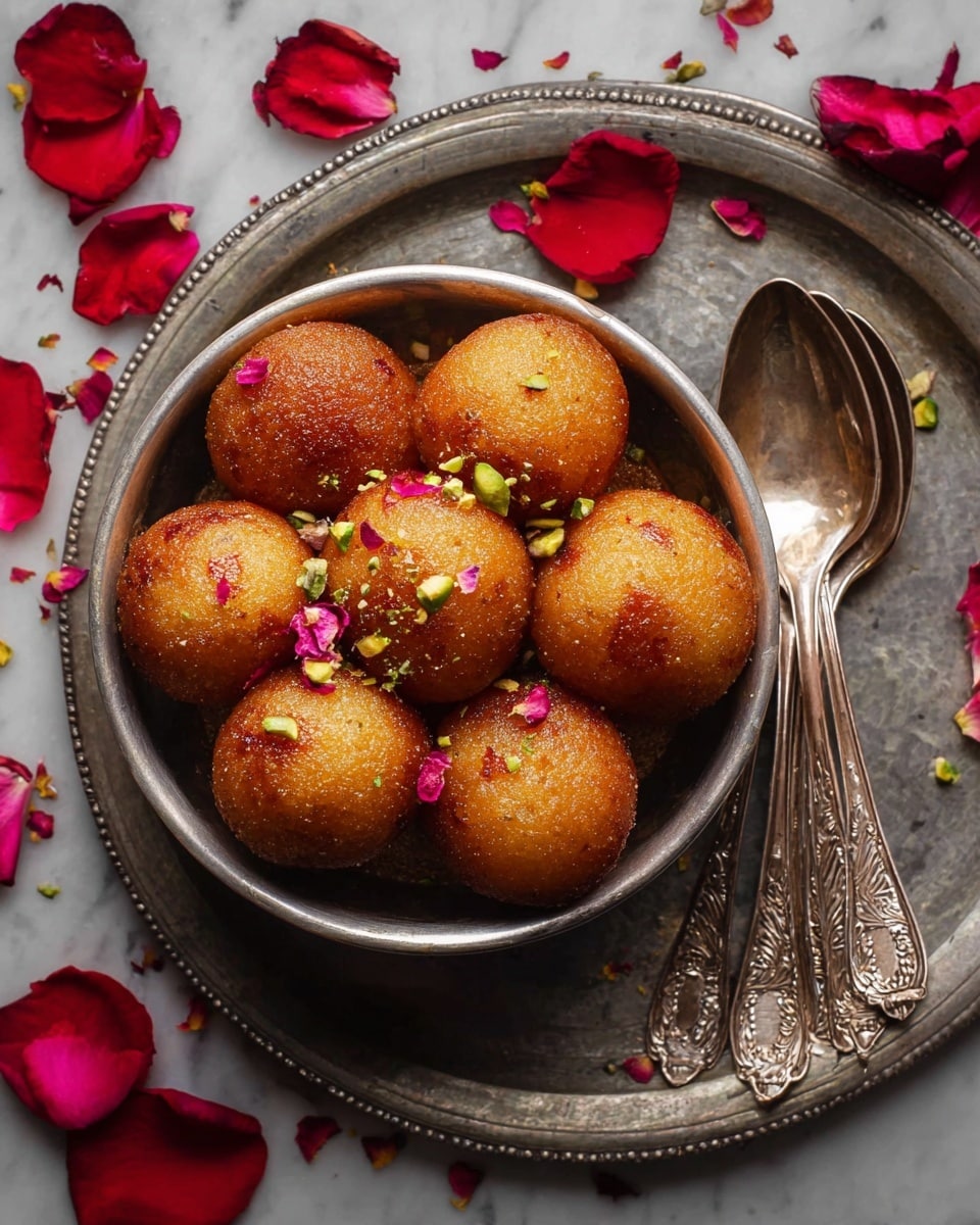 A silver bowl filled with about a dozen round, golden-brown fried sweets with a slightly shiny and textured surface is placed on an old metal tray. Each sweet is topped with small pieces of green pistachio and tiny red rose petals scattered on them. The tray holds three ornate silver spoons on the right side. Around the bowl and tray are scattered bright red rose petals on a white marbled surface. photo taken with an iphone --ar 4:5 --v 7