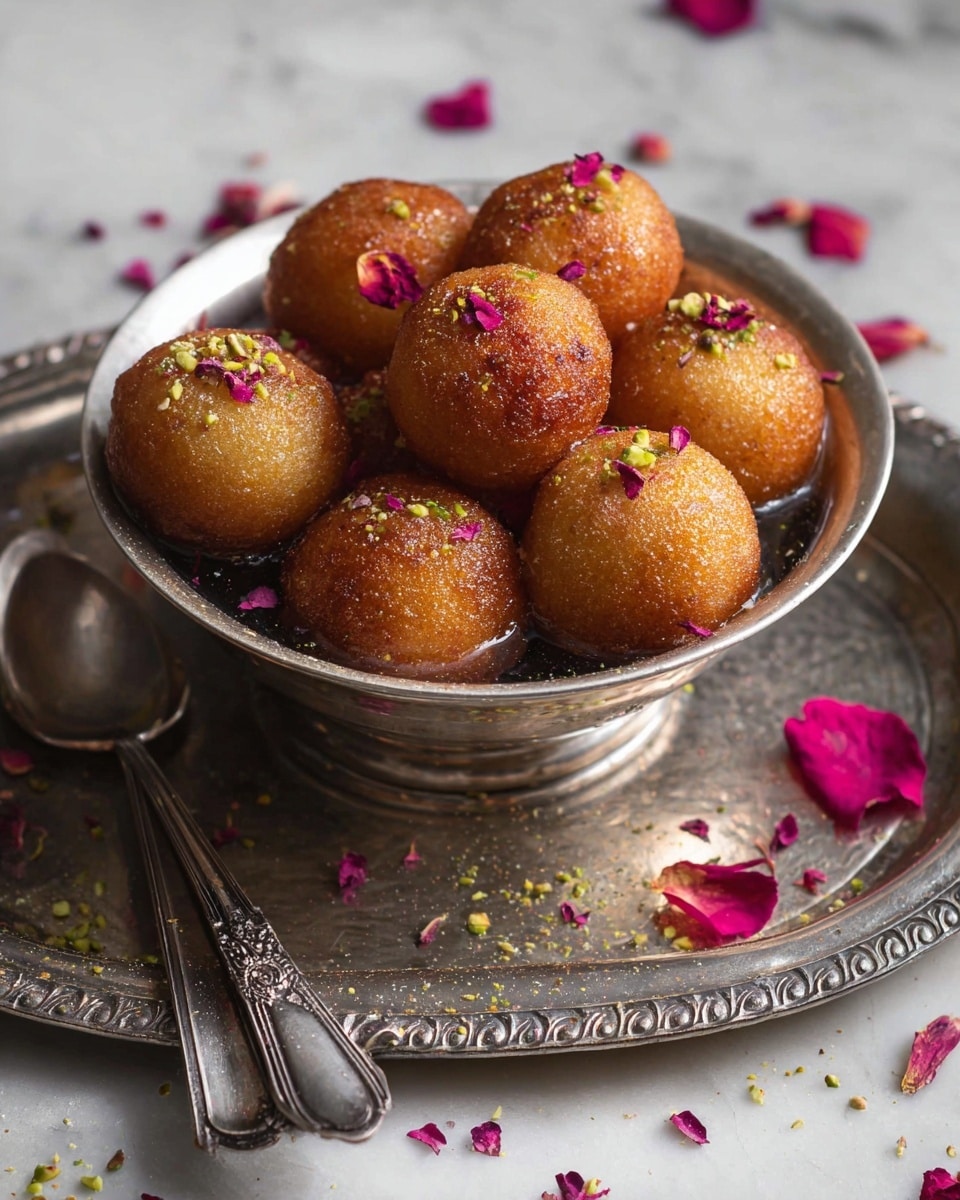 A silver bowl filled with about ten round, golden-brown fried sweets that have a slightly shiny, textured surface. The sweets are sprinkled with small pieces of green pistachio and tiny pink rose petals, adding color contrast. The bowl is placed on a silver tray with ornate edges, scattered with rose petals and pistachio crumbs. On the left side of the tray, there are four silver spoons stacked together. The scene has soft lighting and is set against a white marbled texture. photo taken with an iphone --ar 4:5 --v 7