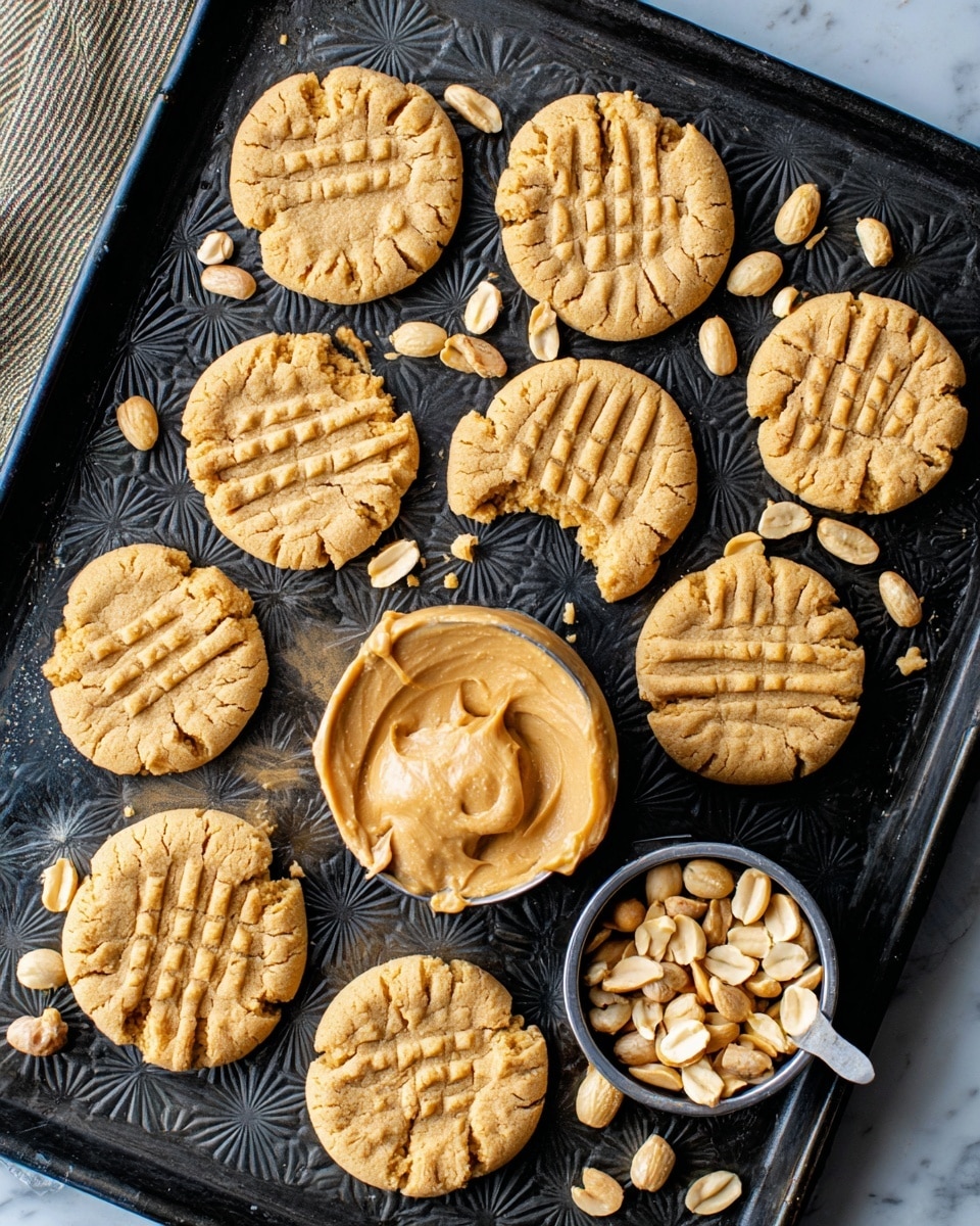 A black pan on a white marbled surface holds eleven peanut butter cookies, each with a light golden brown color and a cracked, textured surface. The cookies have a crisscross fork pattern pressed into the center. One cookie near the top middle is missing a bite. Scattered around the pan are whole and halved peanuts. In the middle of the pan is a metal measuring cup filled with creamy peanut butter, smooth and light brown in color, with two peanuts resting on top. Another metal measuring cup in the lower right corner contains mixed whole and halved peanuts. Photo taken with an iphone --ar 4:5 --v 7