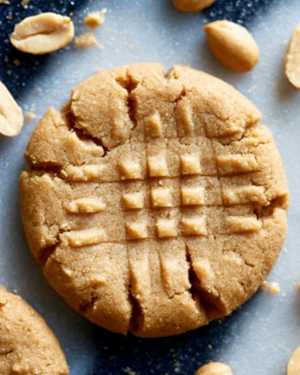 A single round peanut butter cookie with a slightly cracked top and a textured grid pattern pressed in the center sits on a white marbled surface. The cookie is light brown with a soft, crumbly texture and four small fork marks pressed around the edges, giving it a rustic look. Scattered peanuts surround the cookie, adding contrast with their beige color. The photo is close-up, showing the fine details of the cookie’s surface. photo taken with an iphone --ar 4:5 --v 7