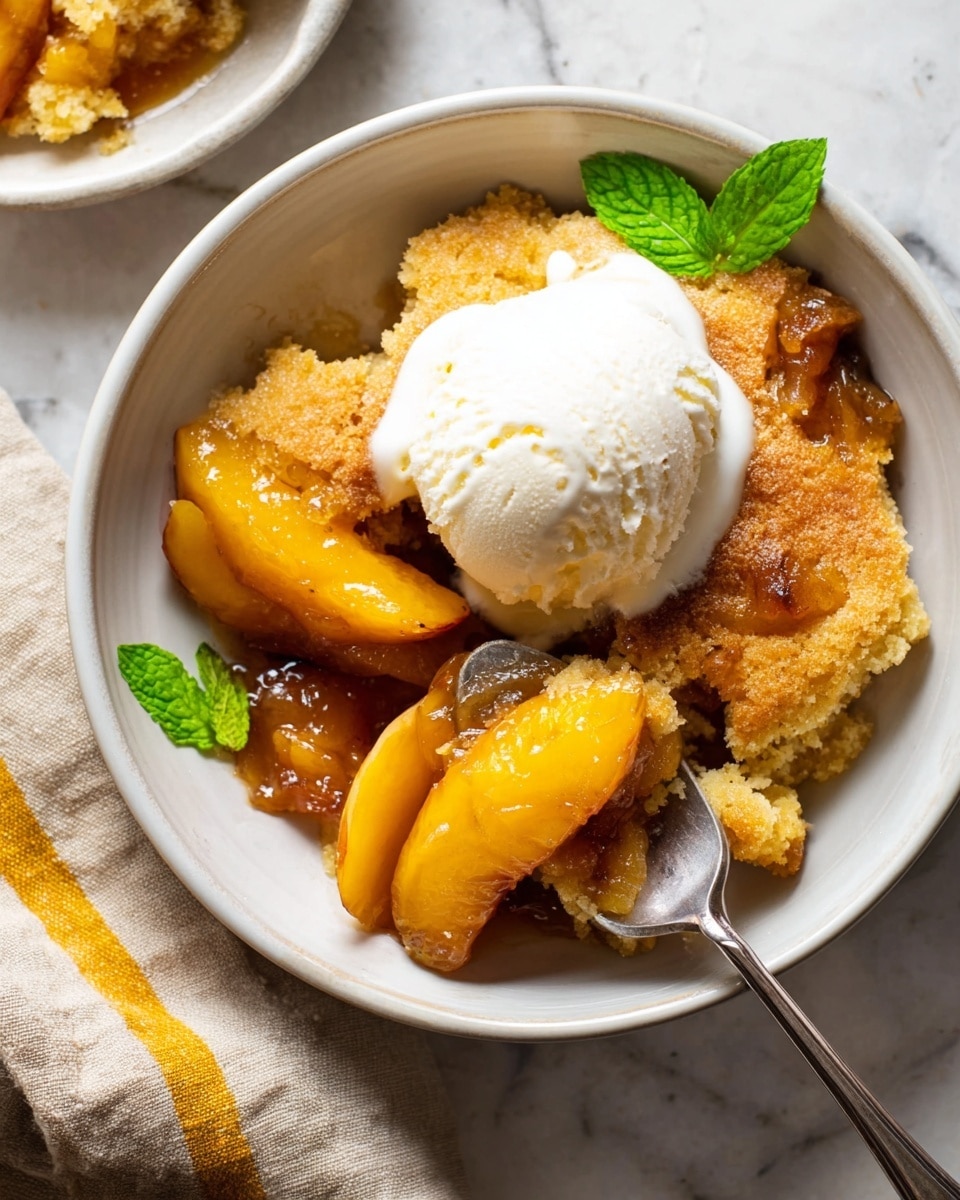 A white bowl filled with three main layers: at the bottom, golden-brown caramelized peach slices coated in a syrup; in the middle, moist, crumbly cornbread cobbler with a slightly crispy top; on top, a large dollop of creamy vanilla ice cream melting slightly over the warm cobbler and peaches. A silver spoon is scooping a piece of the cobbler and peach from the bowl, and a small green mint sprig rests on the edge. The bowl sits on a white marbled surface next to a beige cloth with a yellow stripe. Photo taken with an iphone --ar 4:5 --v 7
