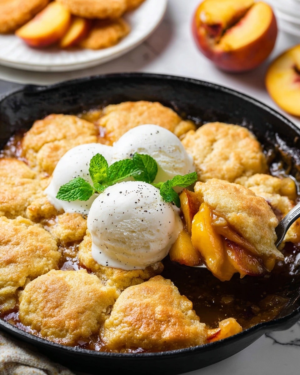 A close-up of a black skillet filled with golden-brown cobbler pieces arranged in a circular pattern on top of a rich, glossy peach filling with visible slices. On one side, a metal spatula lifts a portion, revealing soft, juicy peach slices underneath. On top of the cobbler are three melting white scoops of vanilla ice cream sprinkled with tiny black vanilla bean specks and two fresh green mint leaves for garnish. The skillet sits on a white marbled surface with blurred background elements including a peach and another plate of fried food. Photo taken with an iphone --ar 4:5 --v 7