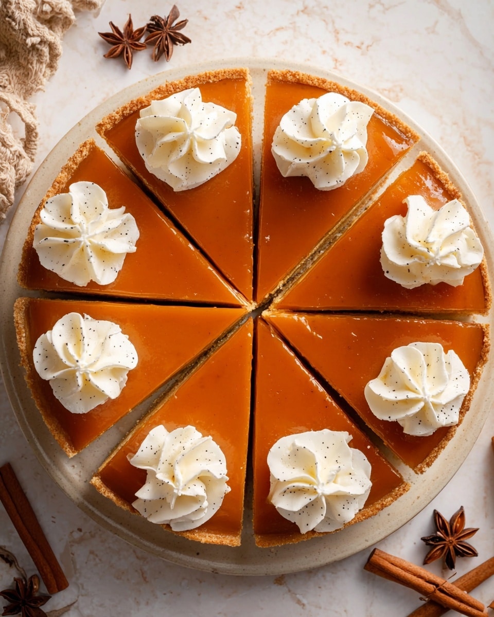 A round pumpkin pie cut into eight even slices sits on a white plate with a beige rim, placed on a white marbled surface. The pie has a smooth, shiny orange top layer of pumpkin filling, glossy and slightly translucent. Each slice is topped with a swirl of creamy white whipped cream with visible specks of vanilla, evenly spaced around the pie’s edge. The background shows star anise and cinnamon sticks scattered near the plate, giving a cozy, warm feeling. Photo taken with an iphone --ar 4:5 --v 7