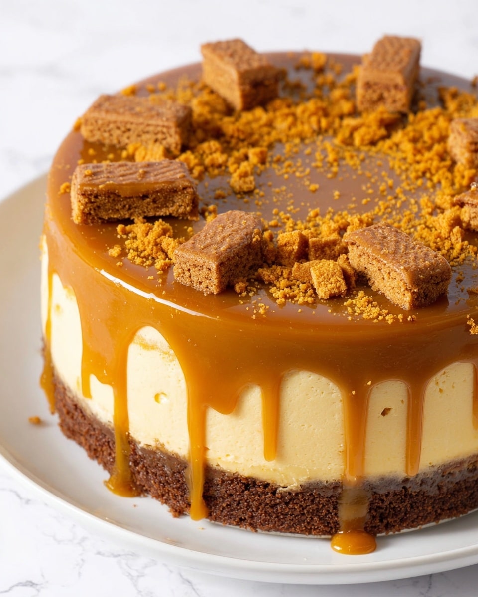 A three-layered round cheesecake sits on a white plate, placed on a white marbled surface. The bottom layer is a dense, dark brown crumb crust, the middle layer is a smooth, light yellow cheesecake, and the top layer is a glossy caramel sauce that drips softly over the edges. The top of the caramel layer is decorated with crumbled golden-brown biscuit crumbs and several small pieces of broken biscuit pieces evenly placed around the edge. photo taken with an iphone --ar 4:5 --v 7
