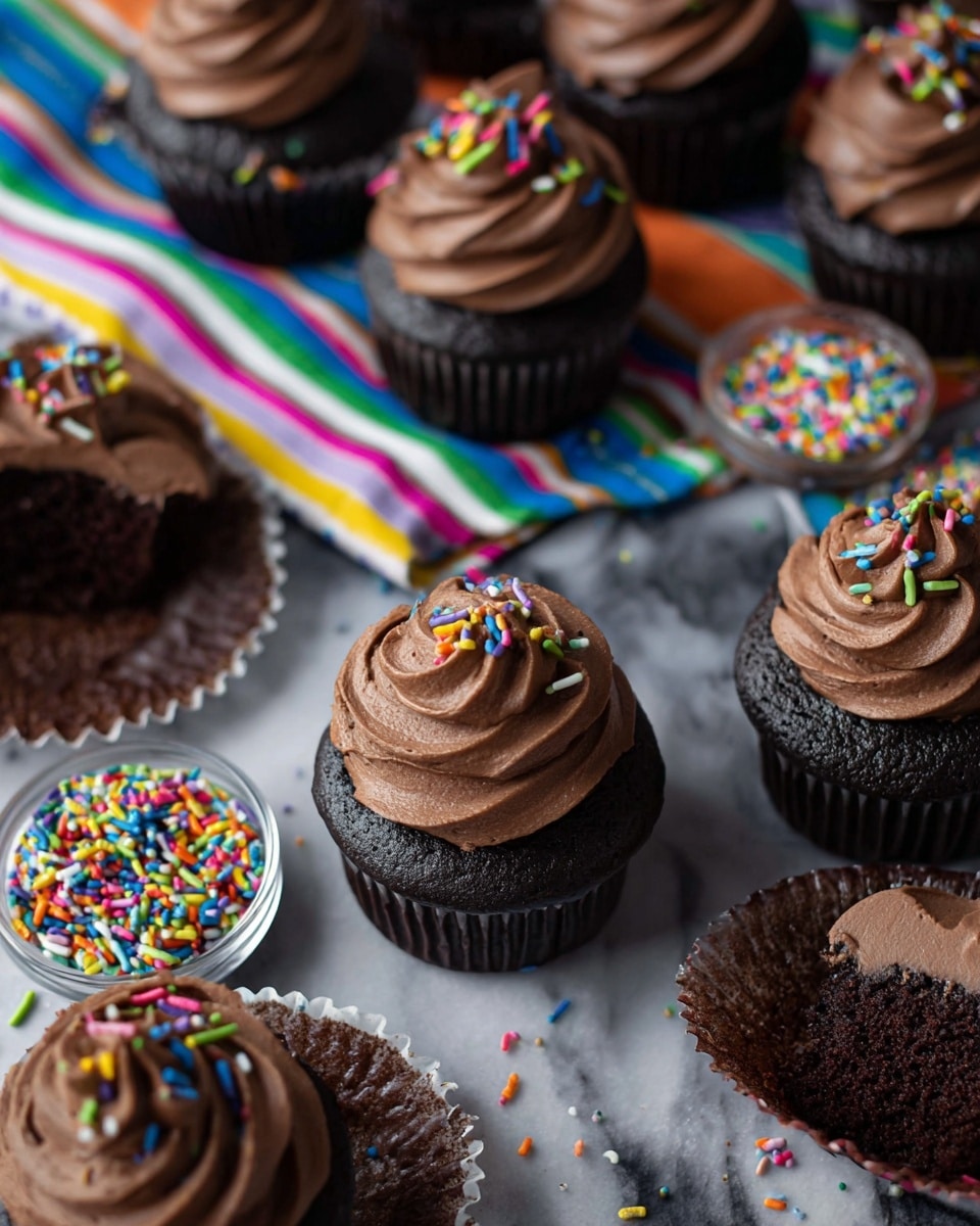 The image shows dark chocolate cupcakes with one layer of rich, dark brown chocolate cake at the bottom topped with a generous swirl of smooth, medium brown chocolate frosting. Some cupcakes have colorful rainbow sprinkles on top of the frosting, adding a vibrant touch. The cupcakes are arranged on a white marbled surface, with a multicolored striped napkin and small containers filled with more rainbow sprinkles scattered nearby. One cupcake is partially unwrapped, with the dark cake and frosting clearly visible. The lighting highlights the creamy texture of the frosting and the deep color of the cake. Photo taken with an iphone --ar 4:5 --v 7