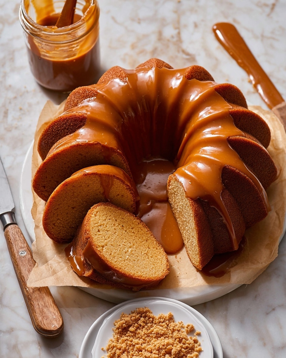 A shiny, golden brown bundt cake with a smooth glossy surface sits on a white plate lined with parchment paper, with several slices cut and arranged around it showing a soft, moist, light brown inside. At the center of the bundt cake is a pool of thick caramel sauce, some of which is dripping down the sides. Next to the plate is a jar filled with the same caramel sauce, and to the right, a small white plate holds a crumbly, light brown topping. A knife with a wooden handle is placed beside the plate on a white marbled surface. Photo taken with an iphone --ar 4:5 --v 7