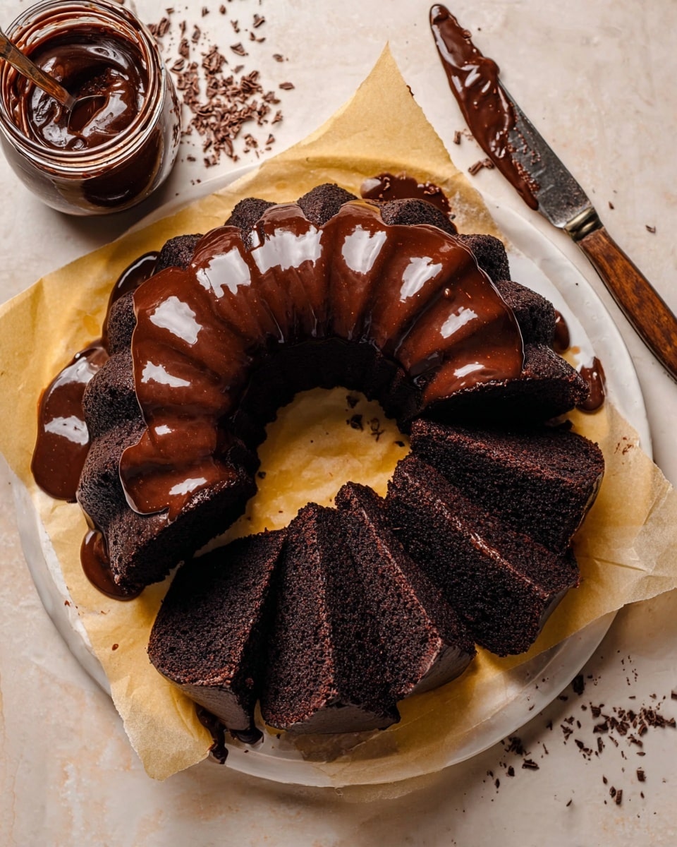 A dark chocolate bundt cake is cut into several thick slices arranged on a round white plate with yellow parchment paper underneath. The cake has one main layer, rich and dense, with a moist, almost black texture. It is generously covered with a glossy, smooth chocolate glaze that drips slightly down the sides and pools in the center of the plate. Around the cake and plate, there are small scattered dark chocolate shavings. A knife with a wooden handle is laid on the edge of the plate, and next to the plate is an open jar filled with thick chocolate sauce. The whole setting is on a white marbled surface. photo taken with an iphone --ar 4:5 --v 7