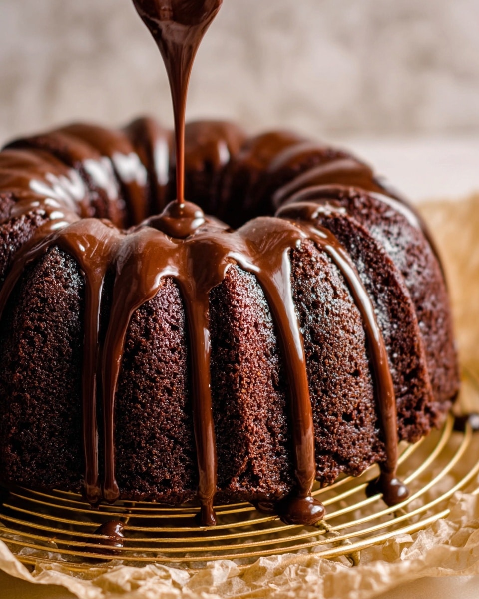 A rich dark chocolate bundt cake with a moist and slightly rough texture is shown from close up, sitting on a gold cooling rack placed over crinkled parchment paper. Glossy chocolate glaze is being poured from above, slowly dripping down the tall, curved ridges of the cake in thick smooth streams, creating shiny reflections on the glaze that contrast with the matte cake surface. The background is a white marbled texture. photo taken with an iphone --ar 4:5 --v 7