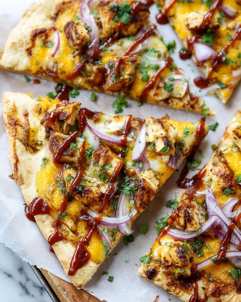 The image shows slices of pizza on parchment paper over a baking tray, placed on a white marbled surface. Each pizza slice has three main layers: a golden-brown thin crust base, a middle layer of melted yellow-orange cheese, and toppings including small pieces of grilled chicken with a lightly charred look, thin slices of purple-red onion, and chopped green herbs scattered on top. There are thick streaks of reddish-brown barbecue sauce drizzled over the chicken and onions, adding shine and contrast. The edges of the pizza crust are slightly browned, and the overall look is fresh and colorful. photo taken with an iphone --ar 4:5 --v 7