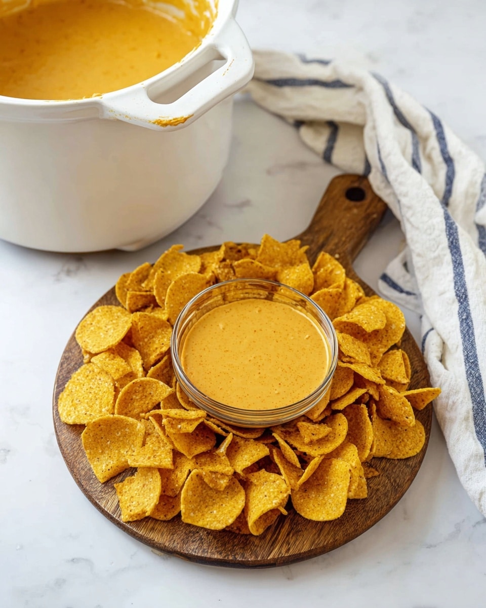 A round wooden board holds a small clear bowl filled with a smooth orange cheese dip, surrounded by a thick layer of curved, crunchy, yellow-orange corn chips that have a slightly rough and crispy texture. The board rests on a white marbled surface next to a white crockpot with more of the same creamy orange cheese dip inside. A white cloth with thin navy blue stripes lies folded near the crockpot, adding a soft touch to the scene. Photo taken with an iphone --ar 4:5 --v 7
