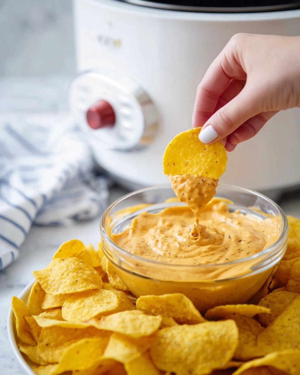A woman's hand is dipping a yellow round chip into a small clear glass bowl filled with thick, creamy, orange cheese dip with specks of seasoning. The bowl is surrounded by many bright yellow round chips with a slightly rough texture. In the background, there is a white slow cooker with a red light on, and a white cloth with thin blue stripes is partly visible on a white marbled surface. photo taken with an iphone --ar 4:5 --v 7