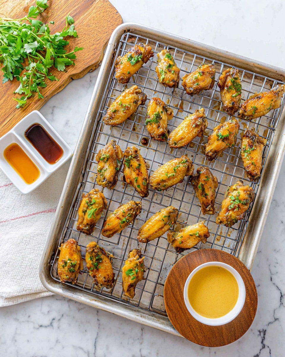 A stack of golden brown chicken wings with a shiny, slightly crispy texture is placed on white parchment paper over a light wooden board. The wings are sprinkled with small green herb pieces for garnish. On the right side of the wings, there is a small white bowl filled with creamy white sauce, garnished with chopped green herbs. A fresh green parsley leaf rests near the bowl on the board. In the background, a white bowl containing a smooth, bright yellow dipping sauce is set on a round wooden coaster. The whole scene is arranged on a white marbled textured surface. photo taken with an iphone --ar 4:5 --v 7