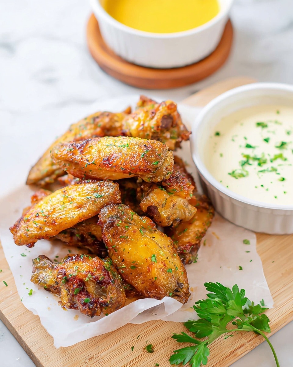 A white baking tray holds a metal grid rack with 20 golden-brown chicken wings spaced evenly on it, each wing shiny with a slight glaze and speckled with small green herb bits, showing crispy edges and some darker char spots. On the right side of the tray, there is a small white bowl filled with a smooth yellow sauce on a wooden coaster, and next to it, a divided white dish contains a dark brown and a light orange sauce. On the left side, part of a wooden cutting board is visible with three sprigs of fresh green parsley on a white paper towel, all set on a white marbled surface. photo taken with an iphone --ar 4:5 --v 7