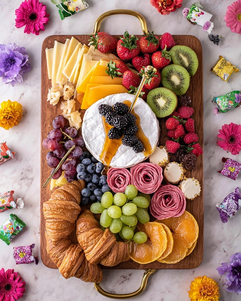 A large wooden tray is filled with an abundance of breakfast foods arranged in layers, starting with several golden brown waffle quarters placed on both the top left and bottom right corners, decorated with small slices of green kiwi and halved strawberries. Near the top center, there is a bunch of green grapes next to slices of orange, kiwi, and grapefruit arranged along the edges. A small white bowl filled with dark blueberries and blackberries sits near the top right. Below the waffle quarters on the left, folded slices of ham rest beside plump red strawberries and clusters of dark purple grapes. In the bottom center, a round white bowl holds orange-colored jam with a spoon inside, surrounded by green grapes and more halved strawberries. Above this bowl, there are three cinnamon rolls with white frosting sitting on a bed of blueberries and kiwi slices. Right of the roll section, six halved boiled eggs sprinkled with black pepper and chopped green herbs are arranged in a row above a few cooked sausage links and crispy bacon strips near the right edge. A small white pitcher filled with dark syrup is positioned near the left center, adding contrast among the colorful fruits and breakfast items, all placed on a white marbled textured surface. photo taken with an iphone --ar 4:5 --v 7