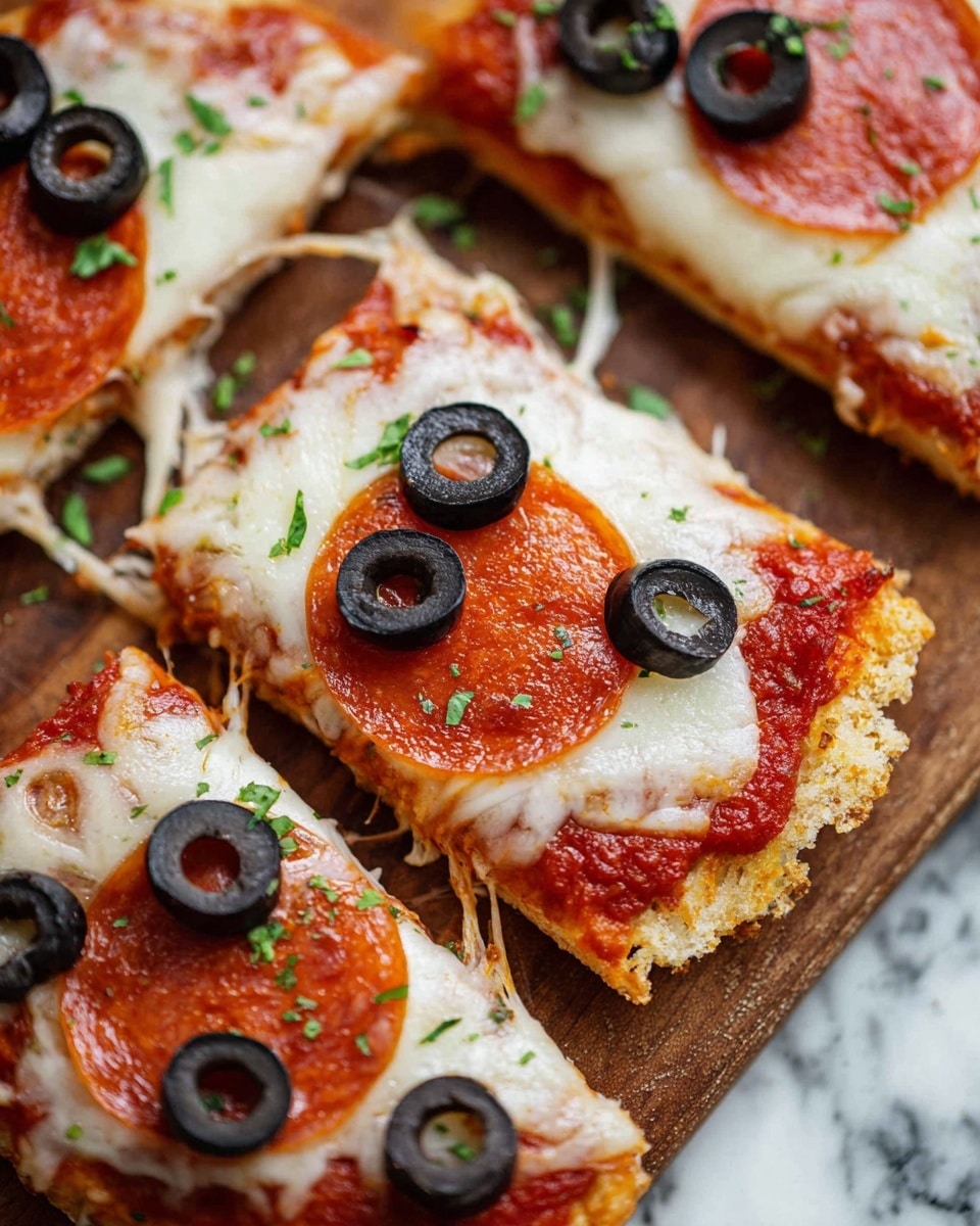A close-up view of four pizza slices arranged closely on a wooden surface with a white marbled texture in the background. Each slice has a base layer of golden-brown crust with visible texture, topped with a bright red tomato sauce layer. Above the sauce is a thick layer of melted white cheese, soft and slightly stringy, evenly spread to the edges. On top of the cheese, slices of orange-red pepperoni with darker edges are placed, each slice adorned with a few glossy black olive rings scattered around. Finally, small pieces of chopped green herbs are sprinkled on top, adding a fresh touch. Photo taken with an iphone --ar 4:5 --v 7