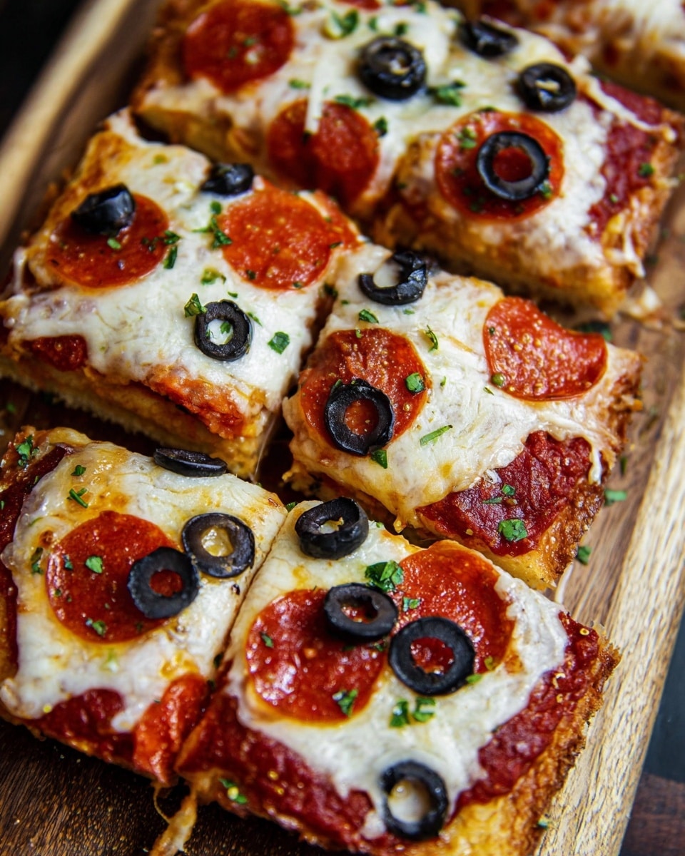 The dish shows several slices of rectangular pizza on a wooden board, each slice with a golden-browned crust base topped with a red tomato sauce layer. Above the sauce is a thick layer of melted white cheese that looks gooey and slightly browned in spots. There are bright red pepperoni slices and black olive rings scattered on top, sprinkled with small bits of green herbs. The crust edges are crisp and slightly uneven, giving a homemade feel. Photo taken with an iphone --ar 4:5 --v 7