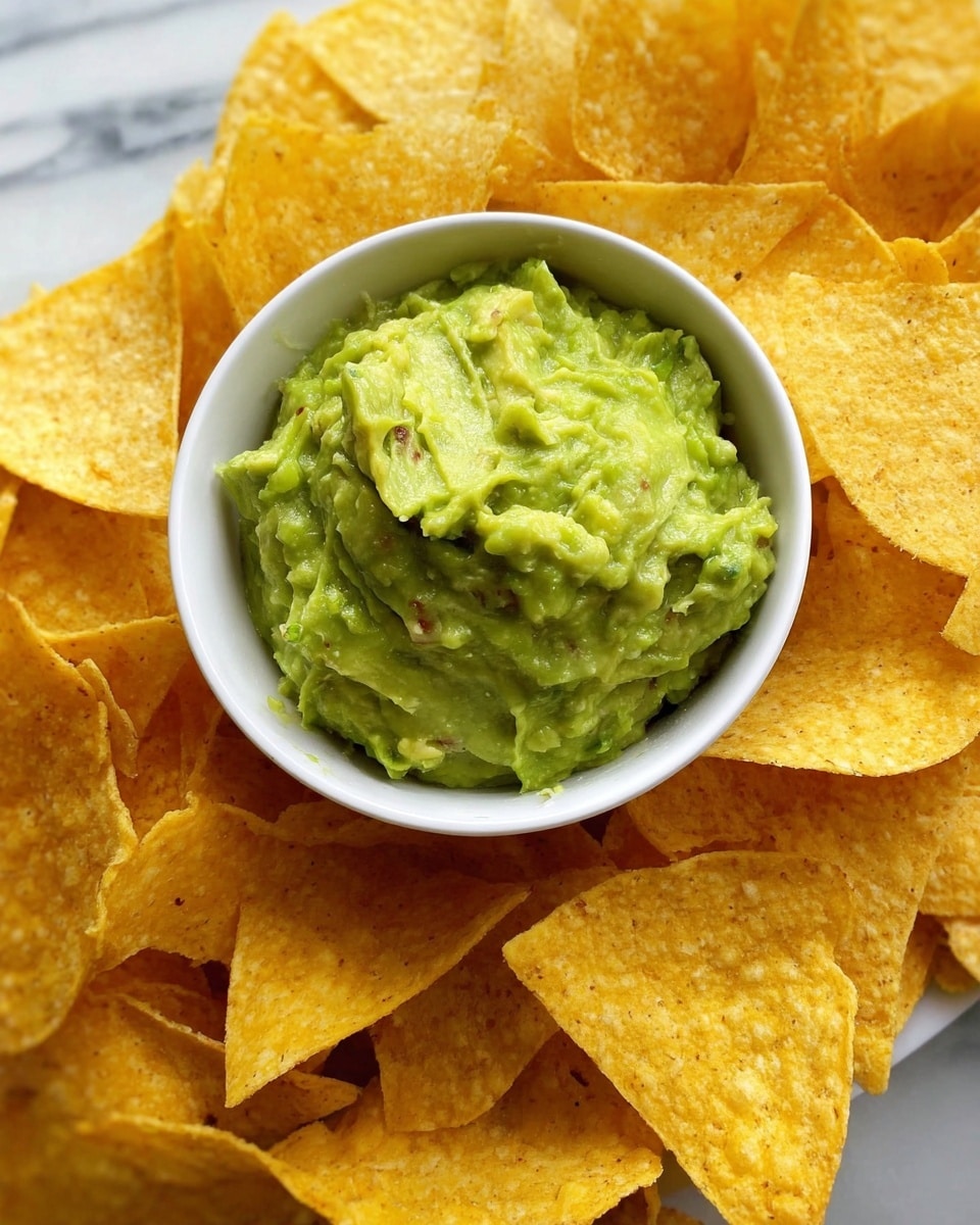 A wooden board sits on a white marbled surface, filled with two types of tortilla chips arranged on either side: the left side has plain yellow chips, and the right side has chips sprinkled with reddish seasoning. Two small white bowls are placed near the center; the left bowl contains smooth, bright green guacamole, and the right bowl holds a light beige creamy dip with a sprinkle of dark spices on top. The chips surround the bowls evenly, creating a balanced, appealing snack display. Nearby, a striped cloth and olive oil bottle complete the scene. photo taken with an iphone --ar 4:5 --v 7