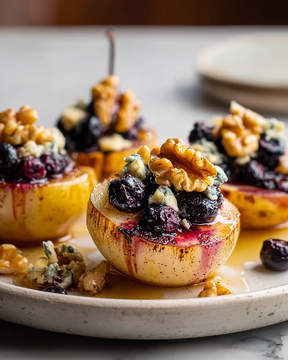 The image shows four halves of roasted pears placed on a round white plate with a smooth texture. Each pear half forms the base layer, showing a golden-brown roasted skin with slight char marks and speckled spots. On top of the pears, there is a layer of dark purple and black roasted berries, including blueberries, which appear juicy and slightly wrinkled. Above the berries, there are small chunks of blue cheese with its creamy white color and blue-green veins visible. The final top layer consists of glossy, golden-brown walnut pieces, which add a crunchy texture. Honey is drizzled over the entire stack, visible as a shiny, sticky glaze that runs down the sides of the pear halves and onto the plate. The setting has a white marbled texture surface in the background, and the photo is clear with a shallow depth, focusing mainly on the closest pear half. photo taken with an iphone --ar 4:5 --v 7