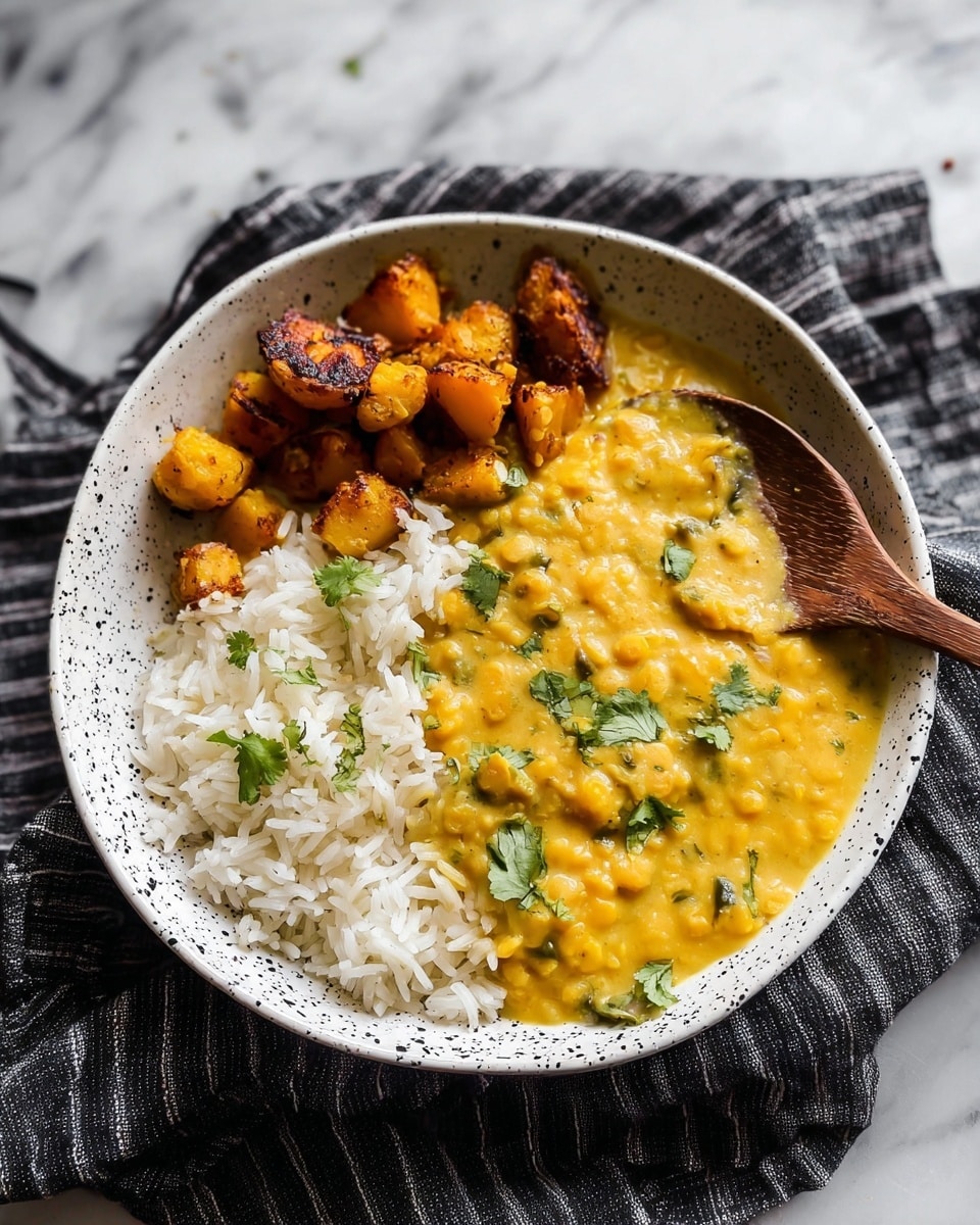 A white bowl with black speckles holds a dish with three main layers: on the left side, there is a layer of white basmati rice with soft, separated grains; on the right side, there are small, golden brown roasted potato pieces with a slightly crispy texture; covering the top center and flowing over the potatoes and rice is a thick yellow lentil curry garnished with small green cilantro leaves. A wooden spoon scoops some of the curry and potatoes. The bowl is placed on a black and white striped cloth over a white marbled surface. Photo taken with an iphone --ar 4:5 --v 7