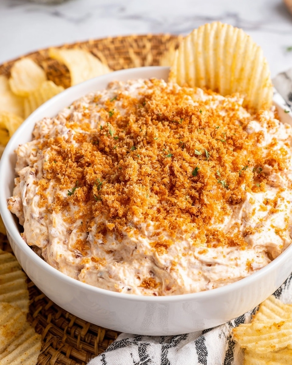 The image shows a white round bowl filled with a creamy dip that is light beige with small bits mixed in, giving it a chunky texture. On top of the dip is a thick layer of golden brown crispy crumbs evenly spread, adding a textured, crunchy look. The bowl sits on a woven mat with part of a white and black striped cloth visible at the bottom, all placed on a white marbled surface. Around the bowl, there are a few ridged potato chips, one partly dipped in the dip, adding context to the snack. Photo taken with an iphone --ar 4:5 --v 7