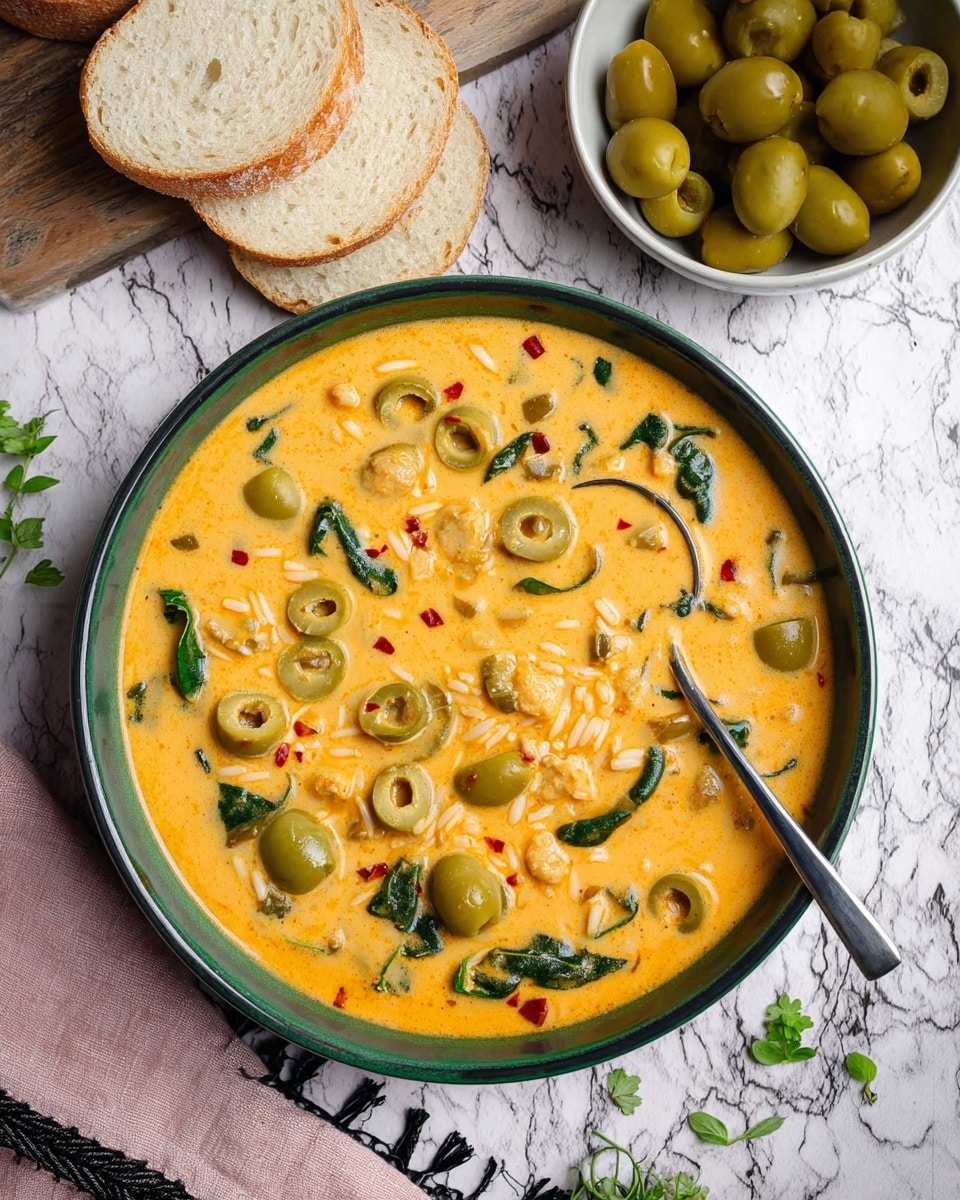 A bowl filled with creamy orange soup containing sliced green olives, chickpeas, small pieces of green leaves, and thin rice-like grains, all floating in the smooth broth with some small red bits scattered. A silver spoon is placed inside the bowl on the right side. Behind the bowl, there is a small white bowl filled with whole green olives. On the left side, there are three pieces of beige bread stacked next to each other. The whole scene is set on a white marbled surface with some green herbs and a light pink cloth with black edges partially visible on the bottom left. Photo taken with an iphone --ar 4:5 --v 7