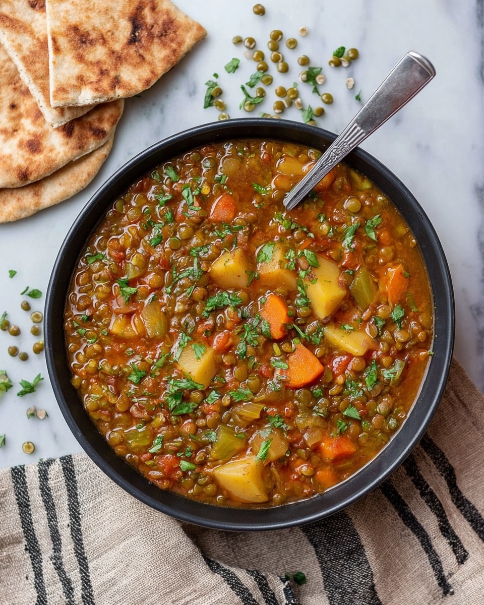 A close-up top view of a black bowl filled with a thick stew made of green mung beans, orange carrot pieces, and light yellow potato chunks in a reddish-brown broth, garnished with fresh green herbs. The bowl sits on a white marbled surface with scattered green mung beans and herb leaves around it. On the top left corner, there are three pieces of flatbread placed partially overlapping. A silver spoon is resting inside the bowl on the right side. A beige cloth with black stripes is placed under the bowl on the bottom left side. Photo taken with an iphone --ar 4:5 --v 7