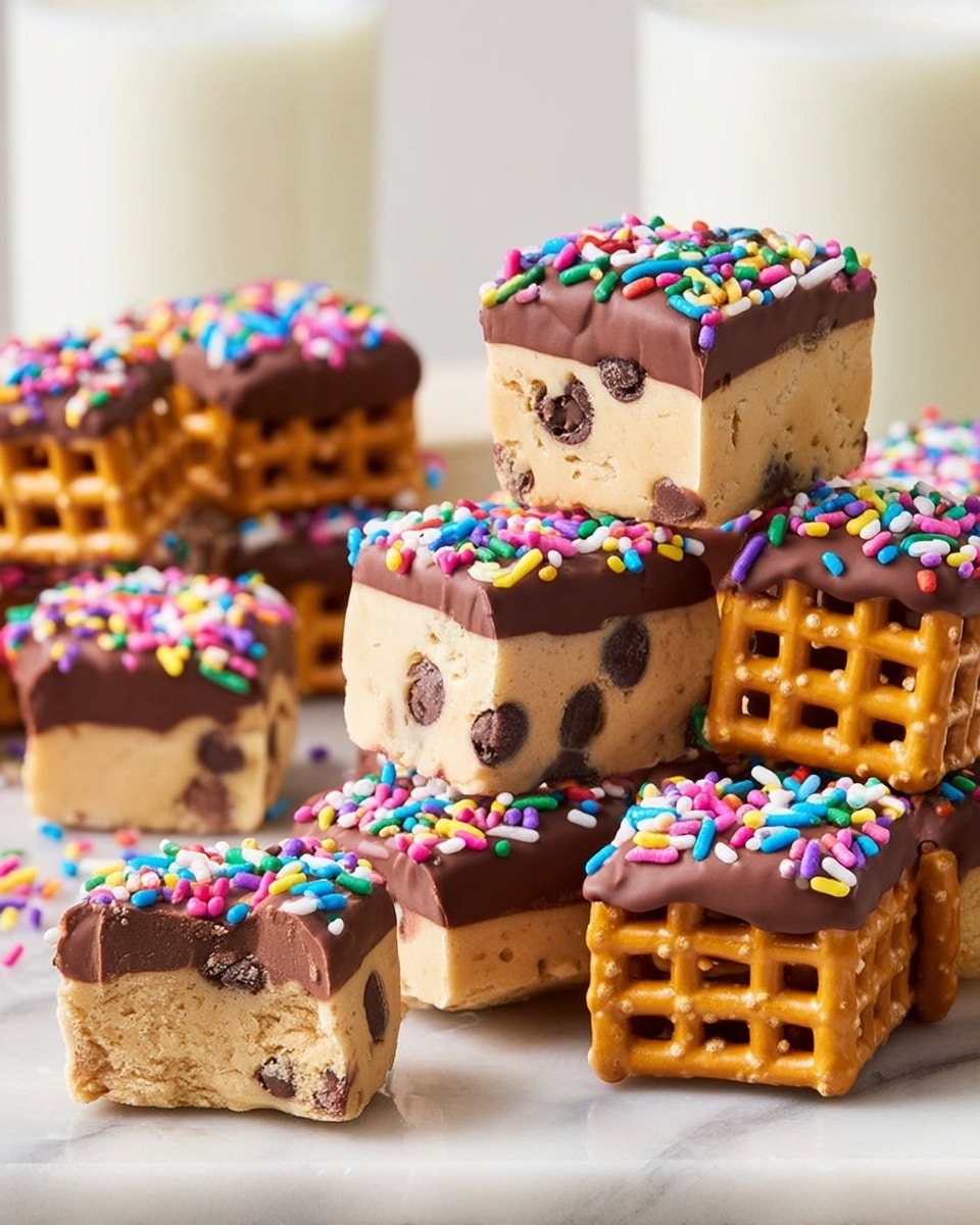 The image shows several small square-shaped treats stacked and lying around on a white marbled surface. Each treat has a bottom layer of a golden-brown pretzel with a grid texture, a thick middle layer of light beige cookie dough with small dark chocolate bits, and a top layer dipped halfway in smooth milk chocolate covered with colorful rainbow sprinkles. The chocolate side with sprinkles is shiny and textured, making a bright contrast with the plain cookie dough and the pretzel base. In the background, two tall glasses of milk are visible, adding a soft white element to the scene. photo taken with an iphone --ar 4:5 --v 7