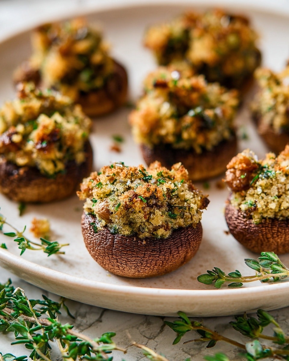A white plate holds six stuffed mushrooms arranged in a circle, with one mushroom in front showing its filling clearly. Each mushroom has a dark brown base and a top layer of crumbly, golden-brown stuffing mixed with green herbs, giving a rough texture. The filling appears slightly toasted on edges, with small bits visible throughout. Green sprigs of fresh herbs lie near the plate on a white marbled surface, adding a fresh contrast. The scene is close-up, highlighting the texture and color of the mushrooms and filling. Photo taken with an iphone --ar 4:5 --v 7