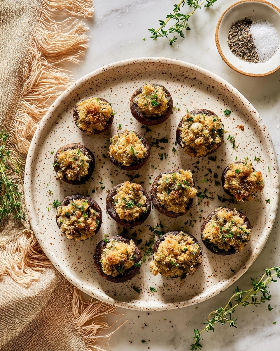 A large white plate with brown speckles holds eleven stuffed mushroom caps arranged in a scattered pattern. Each mushroom base is dark brown and filled with a golden brown crumbly topping mixed with green herbs, giving a slightly crunchy texture. Small sprigs of fresh green thyme are placed on the plate and around it for garnish. Near the top right is a small white bowl with a coarse mixture of salt and pepper. The setting rests on a white marbled surface, complemented by a beige fringed cloth at the bottom left. The light is natural, highlighting the textures and colors softly. Photo taken with an iphone --ar 4:5 --v 7