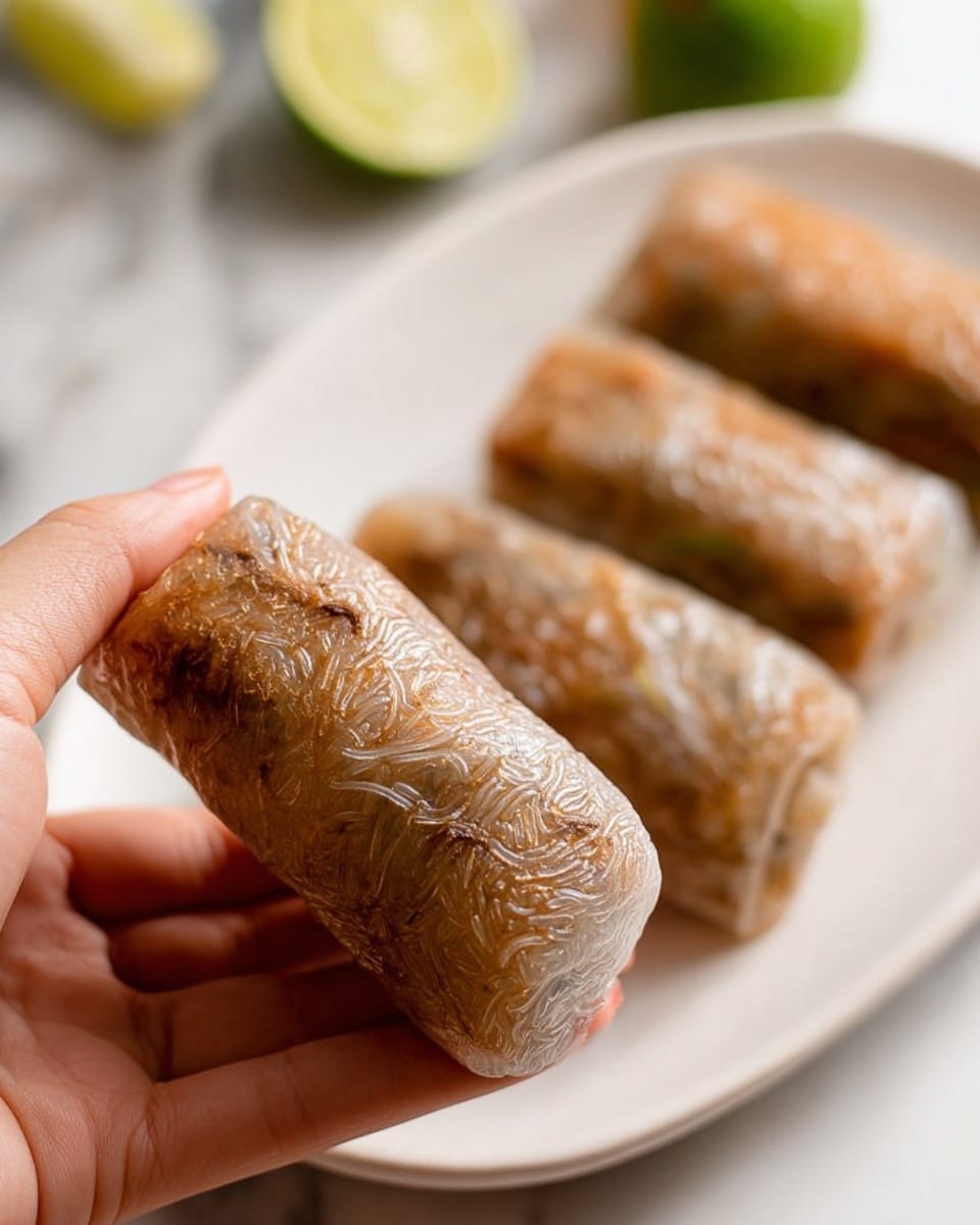 Three brown, translucent fried noodle cakes with visible bits of green, red, and purple vegetables are placed close together on a speckled white oval plate with a thin brown edge. The noodles look glossy and slightly sticky, tightly packed and showing some texture. Two lime wedges sit near the top left of the plate, and a small, light brown bowl filled with dark sauce is in the background. The entire scene is set on a white marbled surface. photo taken with an iphone --ar 4:5 --v 7