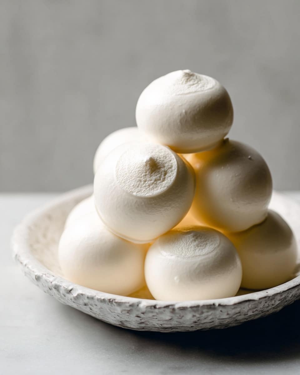 A close-up image of seven smooth, round, white meringue domes stacked loosely on a white plate with a textured, uneven surface; each dome has a flat top with a slight indentation showing their light and airy texture. The plate is placed on a white marbled surface, and soft shadows around the plate add depth to the composition. The meringues have a creamy, matte finish with gentle highlights reflecting softly. Photo taken with an iphone --ar 4:5 --v 7