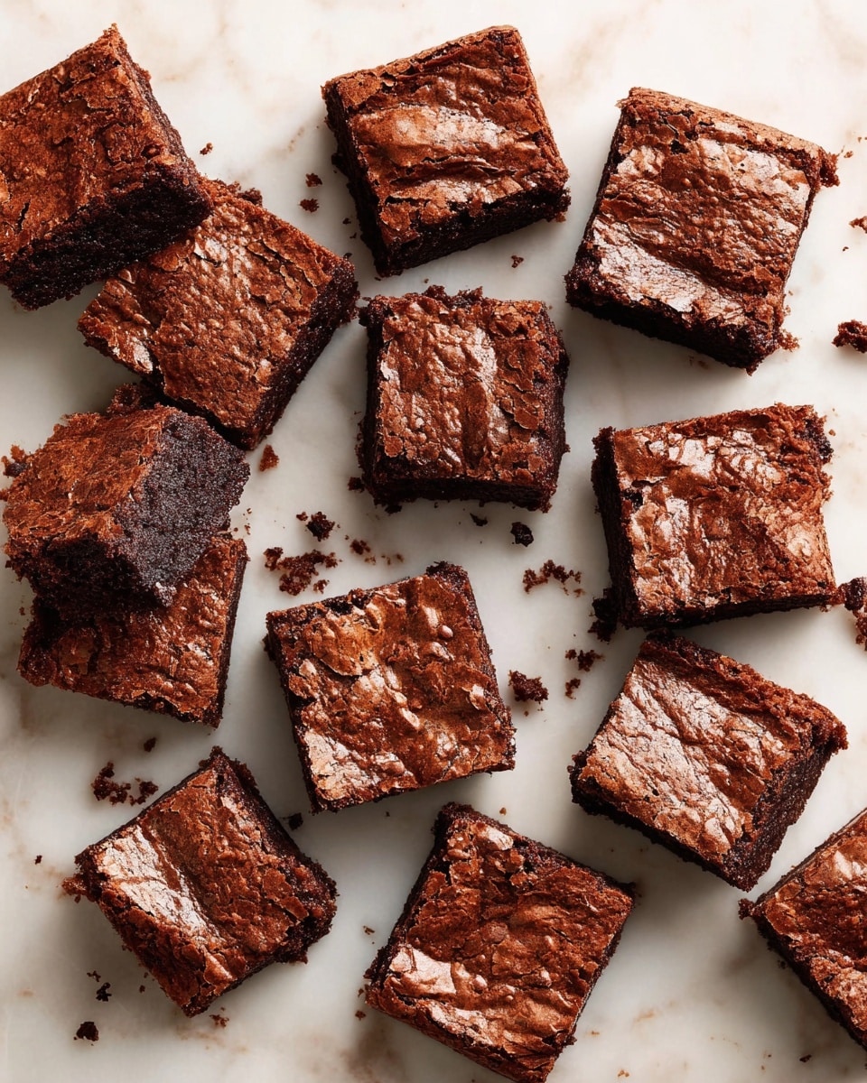 The image shows fifteen square pieces of rich, dark brown brownies scattered unevenly on a white marbled surface. Each brownie piece has a slightly cracked and shiny top layer with a lighter brown color and a textured, slightly rough crust. The inside of the brownies appears moist and dense with a very dark chocolate color. Some crumbs are scattered around the brownies, adding a sense of freshness. photo taken with an iphone --ar 4:5 --v 7