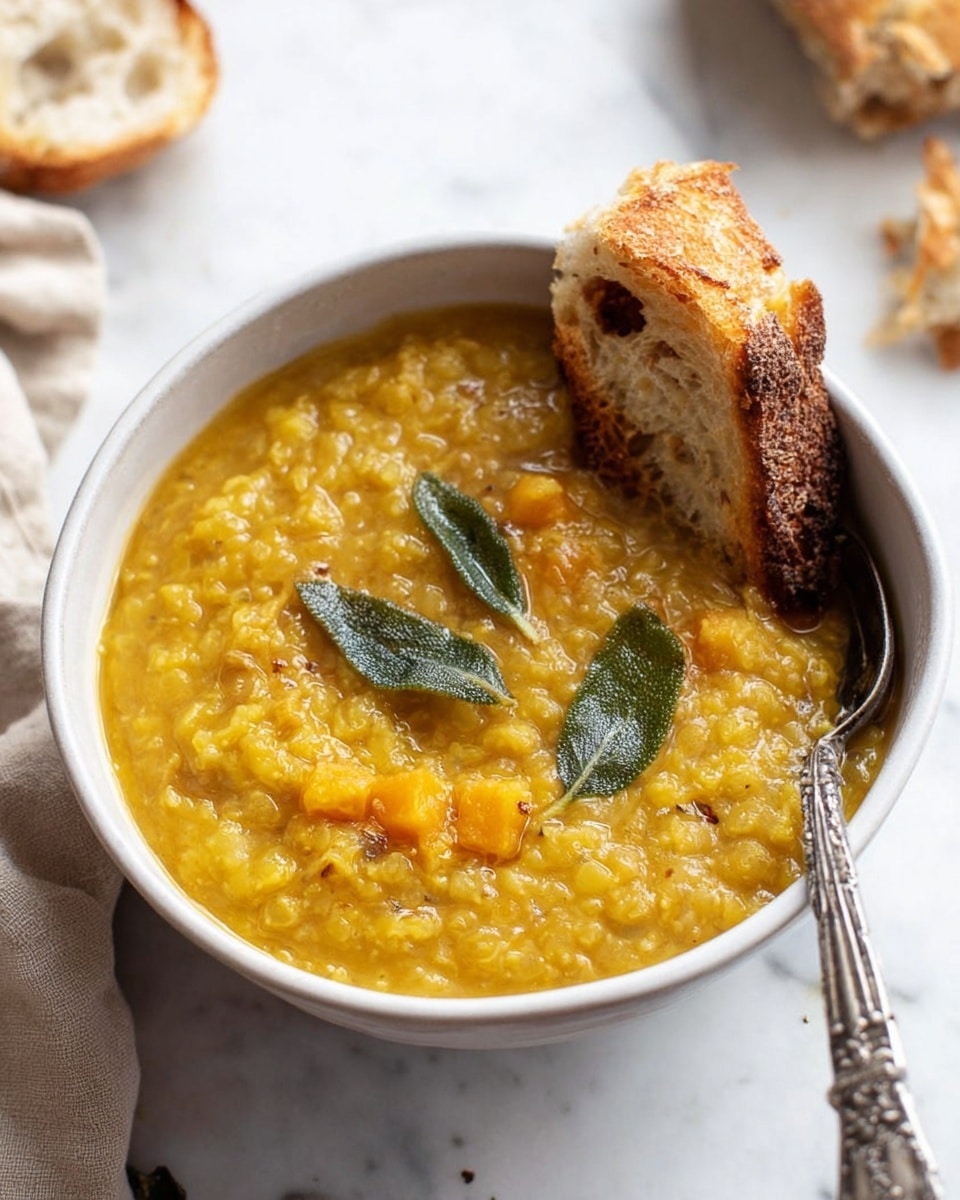 A white bowl filled with thick yellow lentil soup that has visible soft orange chunks and a textured, slightly grainy surface. On top of the soup, three fresh green sage leaves add contrast. A piece of toasted bread with a rough golden crust is resting on the edge of the bowl, partially dipped in the soup. A detailed silver spoon with an ornate handle is placed inside the bowl on the right side. The bowl sits on a white marbled surface, with part of a beige cloth and sliced bread visible in the top left corner. photo taken with an iphone --ar 4:5 --v 7