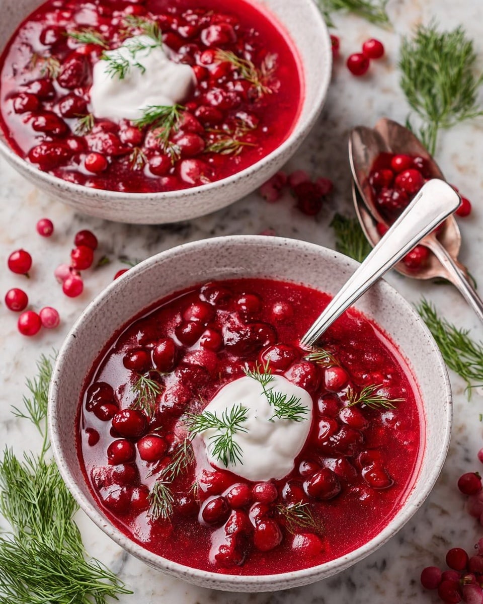 The image shows two bowls of a red berry soup, each filled with a thick, rich mix of whole berries and a smooth red liquid. Each bowl has a dollop of white cream placed in the center, topped with small sprigs of fresh green dill. The bowls are white with a slightly rough texture, and each contains a spoon with a white handle resting inside. The setting has a white marbled surface with some whole red berries and green dill sprigs scattered around, creating a fresh and inviting look. photo taken with an iphone --ar 4:5 --v 7